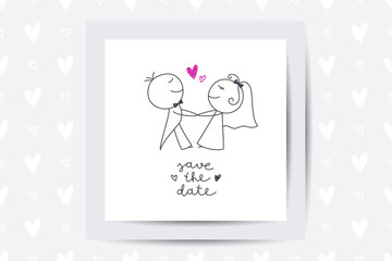 Hand drawn illustration of cute wedding couple, bride and groom, and lettering Save the Date