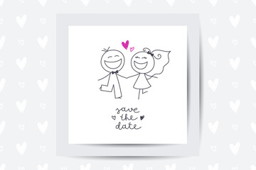 Hand drawn illustration of cute wedding couple, bride and groom, and lettering Save the Date