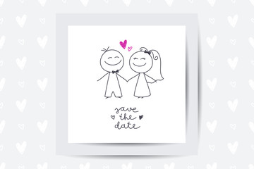 Hand drawn illustration of cute wedding couple, bride and groom, and lettering Save the Date