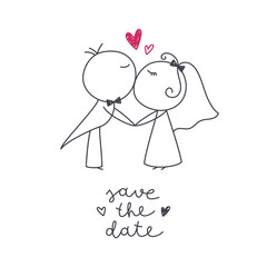 Hand drawn illustration of cute wedding couple, bride and groom, and lettering Save the Date