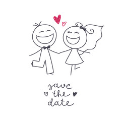 Hand drawn illustration of cute wedding couple, bride and groom, and lettering Save the Date - 199214259