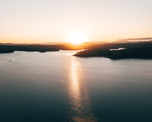 aerial sunset over the lake