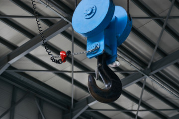 Crane hook for overhead crane in factory, close-up