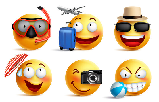 Smileys vector set with summer and travel outfits. Smiley face emoticons with facial expressions and beach elements for summer vacation and holiday in white background. Vector illustration.
