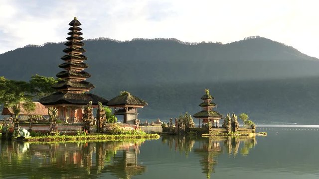 an early morning view of the eleven tired meru at pura danu bratan temple in bali, indonesia