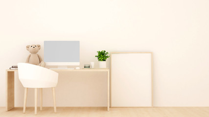 Fototapeta na wymiar Study room or workplace in bedroom - Study area of kid room room in home or apartment - 3D Rendering