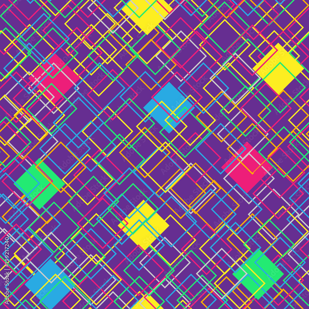 Poster colorful seamless pattern on violet background. modern concept with color squares. abstract geometri