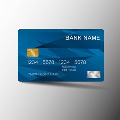 Modern credit card template design. With inspiration from the abstract. Blue color on the gray background. Vector illustration. Glossy plastic style.