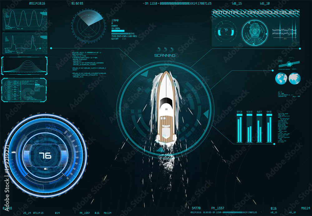 Poster Spyware app for tracking in HUD style. Positioning in the world. Application by surveillance on the map in HUD style design. App navigation. CIA surveillance. Search by satellite. Technology Elements