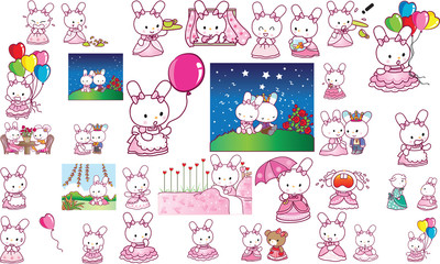 rabbit cartoon action set