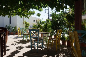 Chairs and table at cafe, Crete, Greece