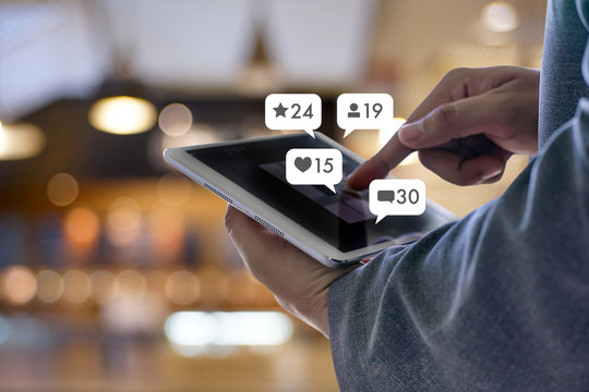 sms media man use  smart phone social media network pop notification icons