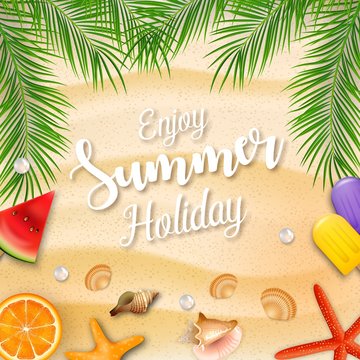 Enjoy summer holidays background with palm trees and beach elements