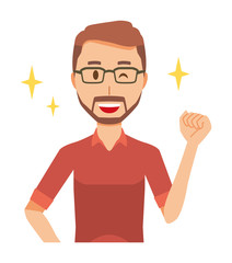 A bearded man wearing eyeglasses is winking and raised one hand