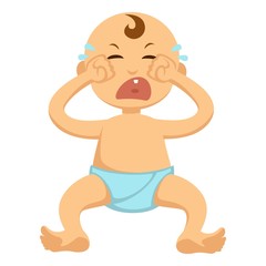 Baby toddler in diaper crying or weeping vector flat isolated character icon