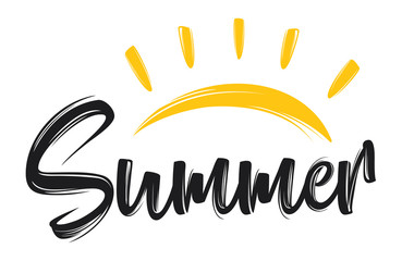 Hand drawn lettering composition of summer with a sun