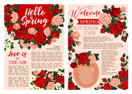 Hello Spring floral poster with rose flower frame
