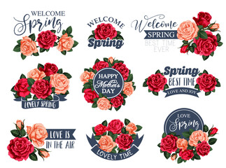 Vector flowers roses icons for spring Mother day - obrazy, fototapety, plakaty