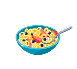 Breakfast, delicious start to the day. Bowl with cereal rings with fruits and berries. Vector illustration cartoon flat icon isolated on white.