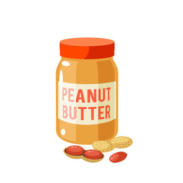Breakfast, delicious start to the day. Jar of peanut butter and peanuts. Vector illustration cartoon flat icon isolated on white.