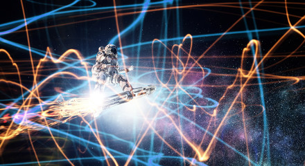 Spaceman on flying board. Mixed media