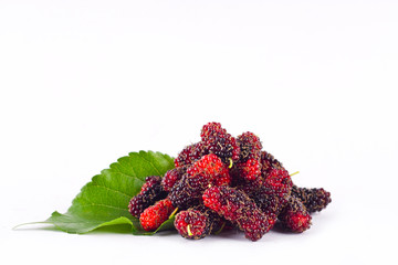 mulberry berry with leaf on white background healthy mulberry fruit food isolated
