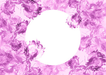 Watercolor greeting card with rose flower, bouquet of flowers, rose, peony, buds, green leaves, splash of paint. Beautiful vintage postcard, card, invitation, background.