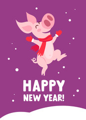 Funny pig in a red scarf and mittens