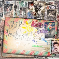 Foto op Canvas Ouderwetse achtergrond met vintage ansichtkaarten en postzegels © Rosario Rizzo