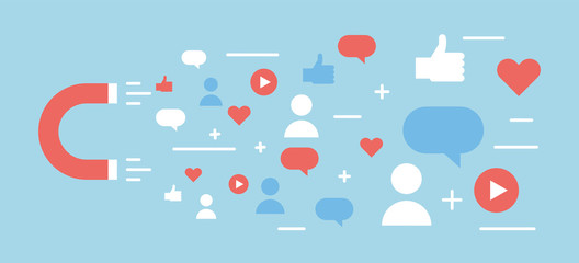 Online digital media magnet and influencer. Vector background illustration concept for popularity, likes, comments, followers.