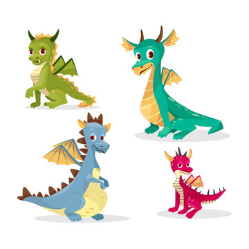 Cartoon dragons vector illustration for kid or children funny design. Flat isolated set of cute fairy monsters or colorful magic happy smiling baby dragons with wings, horns and pikes