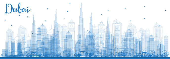 Outline Dubai UAE Skyline with Blue Buildings.