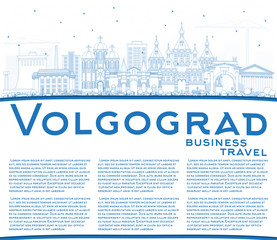 Outline Volgograd Russia City Skyline with Blue Buildings and Copy Space.