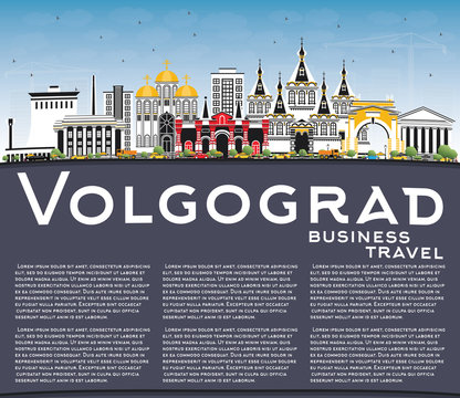 Volgograd Russia City Skyline with Color Buildings, Blue Sky and Copy Space.