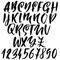 Handdrawn dry brush font. Modern brush lettering. Grunge style alphabet. Vector illustration.