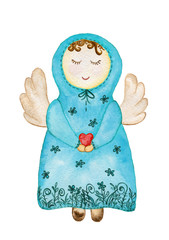 The angel in a blue dress with a hood is holding a heart in her hands. Watercolor illustration. - 199232867