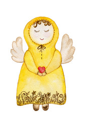 The angel in a yellow dress with a hood is holding a heart in her hands. Watercolor illustration.