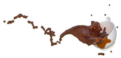 liquid Coffee in white cup splash drops element 3d illustration include clipping path isolated on blue background