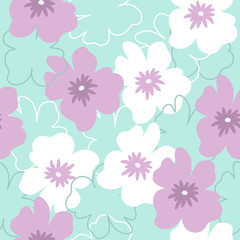 Seamless pattern with white and purple flowers on a turquoise background. It can be used for packing of gifts, registration of notebooks, diaries, tiles fabrics backgrounds. Vector illustration.