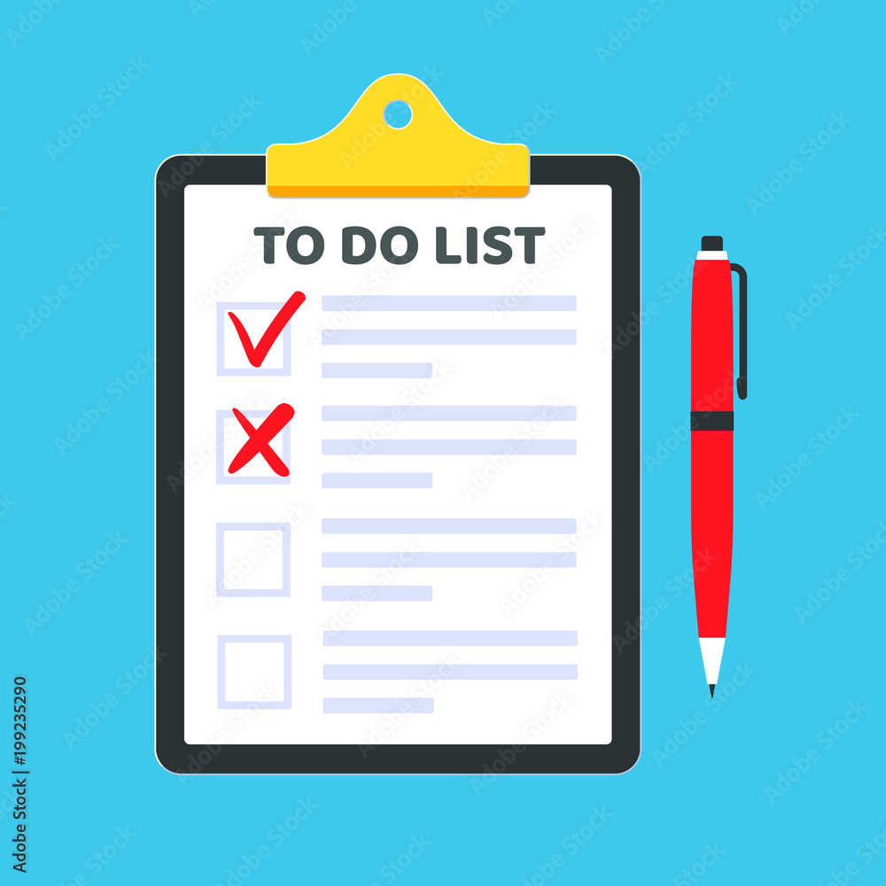Poster clipboard with to do list claim form on it, paper sheets, check marks tick ok and crosses x in the c