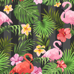 Nahtloses Muster mit exotischen Blumen, tropischen Blättern und Flamingos © Hmarka