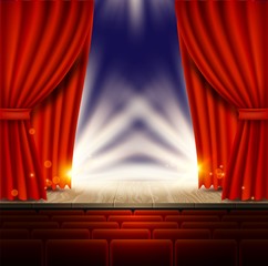 Theater, opera, cinema scene with red curtains vector realistic illustration