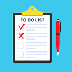 Clipboard with to do list claim form on it, paper sheets, check marks tick OK and crosses X in the checkbox on the list, red pen isolated on light blue background flat style design vector illustration