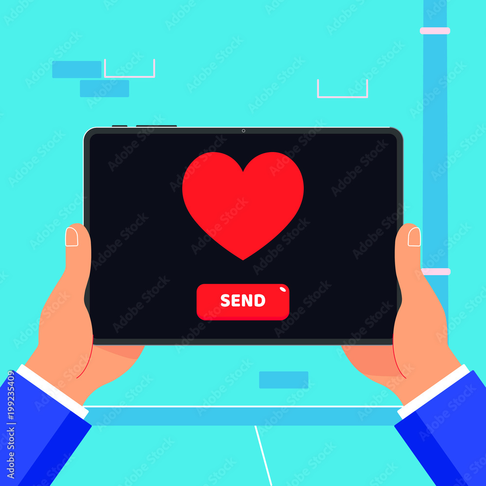 Poster hand holding black tablet device isolated on wall background. pad tablet on human hands with heart i