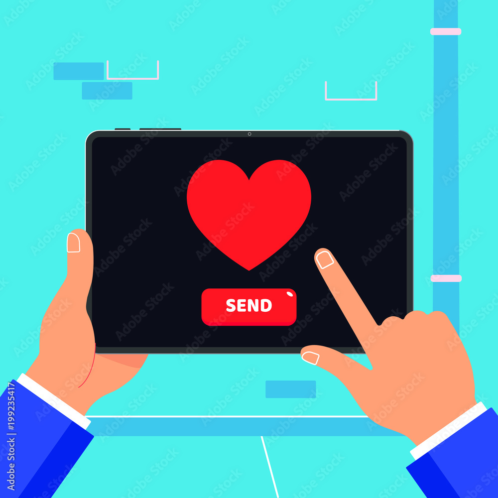 Poster hand holding black tablet device isolated on wall background. pad tablet on human hands with heart i