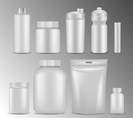 Vector sport nutrition white container realistic mockup set