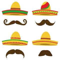 Sombrero, Mexican Sobrero set with a mustache. Mexican headdress. - obrazy, fototapety, plakaty