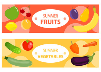 A set of two horizontal fruit and vegetable banners. Two horizontal banners with fruits and vegetables.