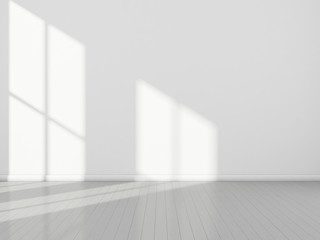 3D stimulate of white room interior and wood plank floor with sun light cast rhythm of shadow on...