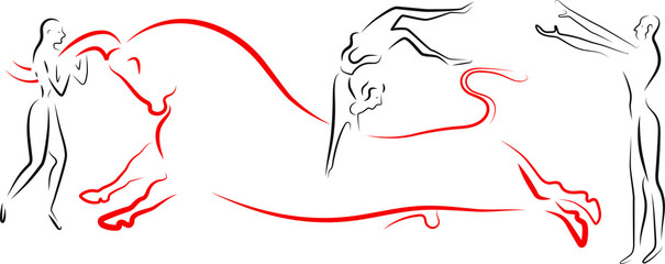 A linear jumping bull with people on a white background. Based on the fresco "game with the bulls" from the palace of Knossos of ancient Greece.